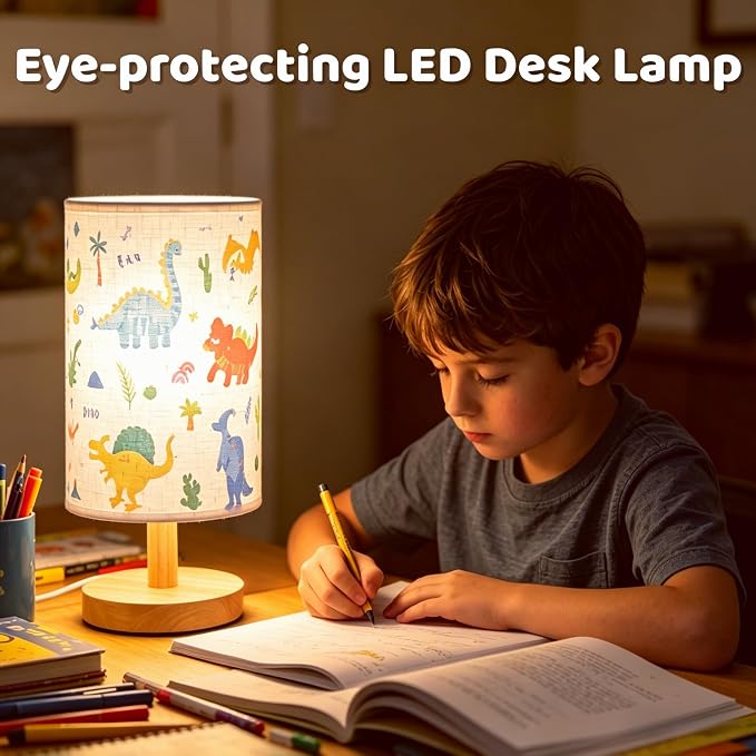 Dinosaur Lamp for Kids Bedrooms Bedside,Dinosaur Room Decor for Boys, 3-Way Dimmable LED Small Night Light with Linen Fabric Lampshade and Wood Base for Bedrooms Living Study,Dino Gifts for Boys