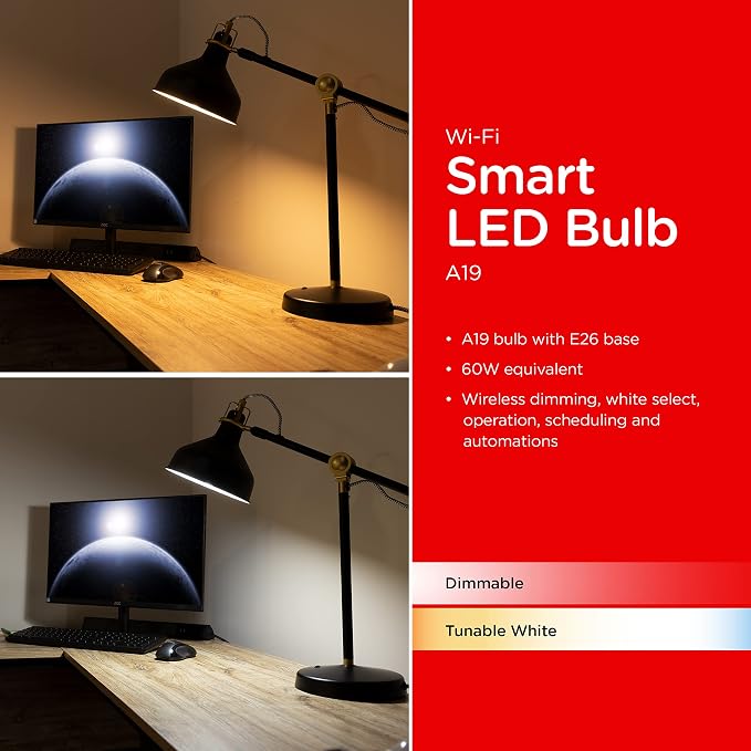UltraPro Wi-Fi LED Smart Light Bulb, A19, 60W Equivalent, White Select Tunable 2700K - 6500K, Full-Range Dimmability, 2.4GHz Router Required, Circadian Rhythm, Easy-to-Use App, 51443