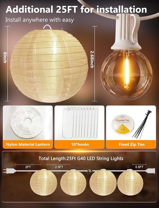 25 FT White Lantern String Lights, Chinese Lanterns with 10 LED G40 Light Bulbs, Plug-in Outdoor String Lights for Wedding Home Party Patio Garden Porch Backyard Cafe Decor