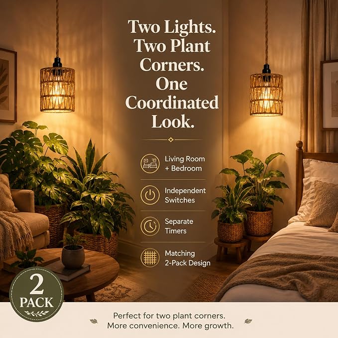2 Pack Hanging Grow Lights for Indoor Plants Boho Rattan Plant Light | 15FT Power Cord with Timer, 15W Full Spectrum Pendant Plant Lights for Indoor Growing Greenhouse Flowers Home Decor