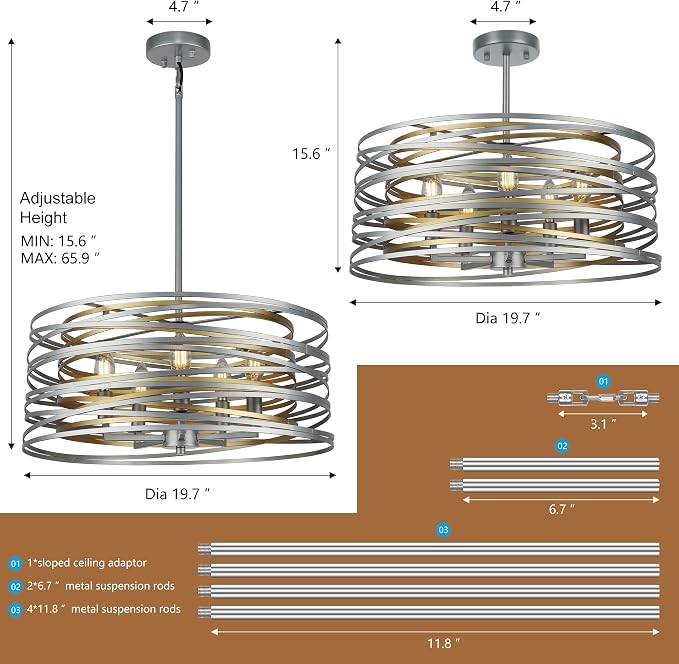 ACNKTZ 19.7'' Double Round Metal Chandelier, 5-Light Modern Farmhouse Dining Room Lights Over Table, Gold Chandelier for Hallway Kitchen Island Entryway Stairwell, Silver with Gold Interior