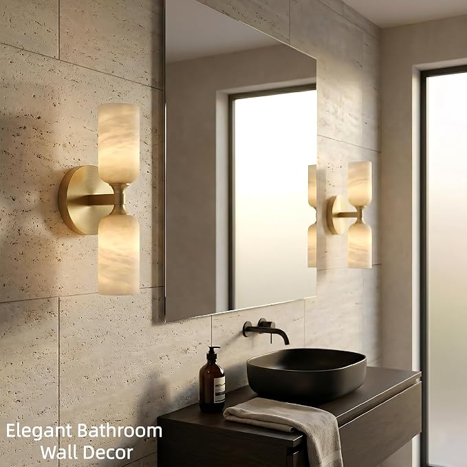 Alabaster Wall Sconces, 14" Modern Spanish Natural Marble Vanity Light, Dimmable Hardwired Brass Gold Wall Sconce Lighting for Bathroom Mirror, Bedroom, Living Room, Luxury Stone Wall Fixtures (1 Pcs)