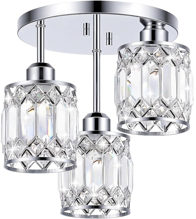Chrome Crystal Ceiling Light Fixture, 3-Light, E26 | Modern Semi Flush Mount Ceiling Light, Kitchen Lighting Fixtures Ceiling for Hallway Bedroom Bathroom Laundry Room