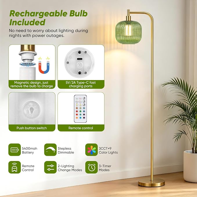 Cordless Floor Lamp for Living Room, 5400mAh Battery Operated Standing Lamp | Rechargeable Bulb Included, Stepless Dimmable, RGB Mode, Brushed Gold, Remote Control, Large Ribbed Glass Lampshade,Timer