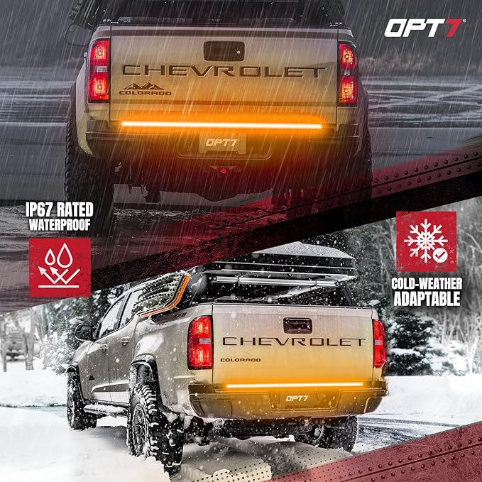 OPT7 Redline 48" Aluminum Truck Tailgate Light Bar w/Sequential Amber Turn - Weatherproof Rigid 1-Piece Triple Row LED Strip - Dynamic Taillight w/White Reverse - Fits Tacoma Colorado Frontier Canyon