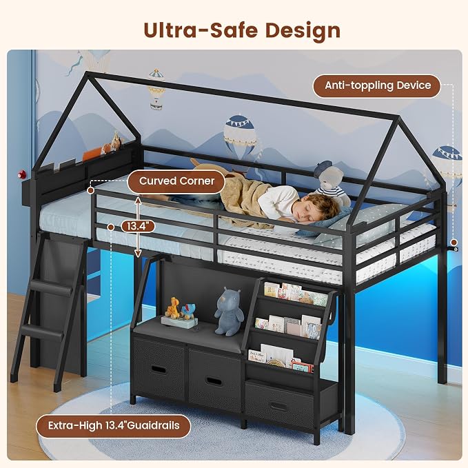 ADORNEVE Low Loft Bed Twin Size with Bookshelf, Reading Nook & 3 Drawers | Kids Loft Bed, LED, Storage Drawers, Beside Box, Under-Bed Play Space,Safety Guardrail, Inclined Ladde, Play Curtain, Black