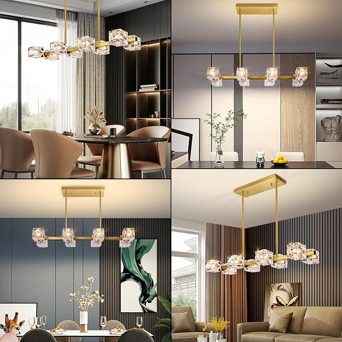 Modern Crystal Chandeliers for Dining Room, 8-Light Gold Rectangular Dining Room Light Fixture, Adjustable Farmhouse Pendant Light with K9 Crystal Cube Shade for Kitchen Island, Living Room, Bedroom