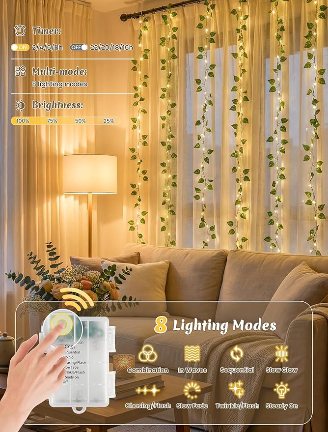 YOUNGAR Pothos Vines with Fairy Lights,Battery/USB Operated Leaf String Warm White Lights,23FT 73LED vine lights with Remote for Bedroom Garland Wedding Birthday Garden Party Wall Room Headboard Decor