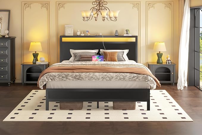 Fluest Full Bed Frame with Headboard & Footboard, Full Bed Frame with Built-in Charging Station & LED Light, Storage Shelf, Noise-Free, No Box Spring Needed, Easy Assembly, Classic Black