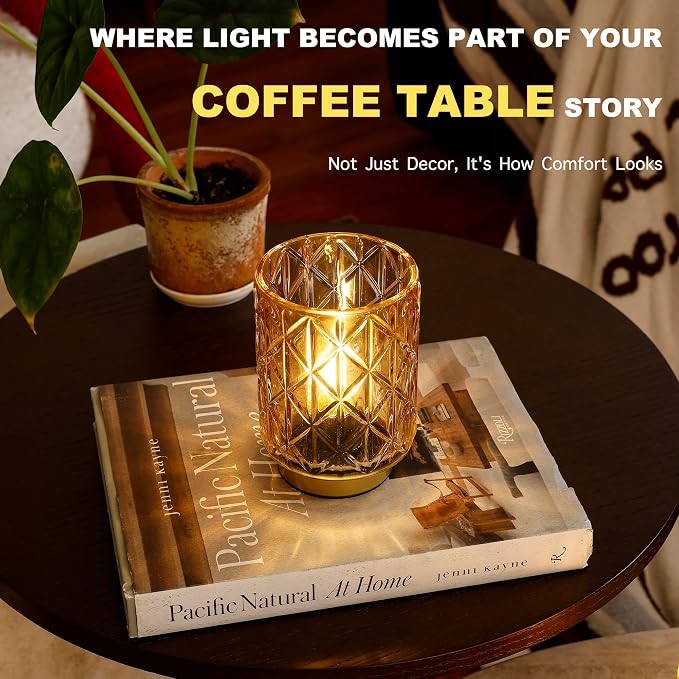 ULAROOM Battery Operated Table Lamp with Timer for Bookshelf/Bedside,Cordless Small Cozy Ambience Decorative Glass Lamps for Nightstand/Dorm/Office Cubicle/Desk/Counter Table Decor(Golden)