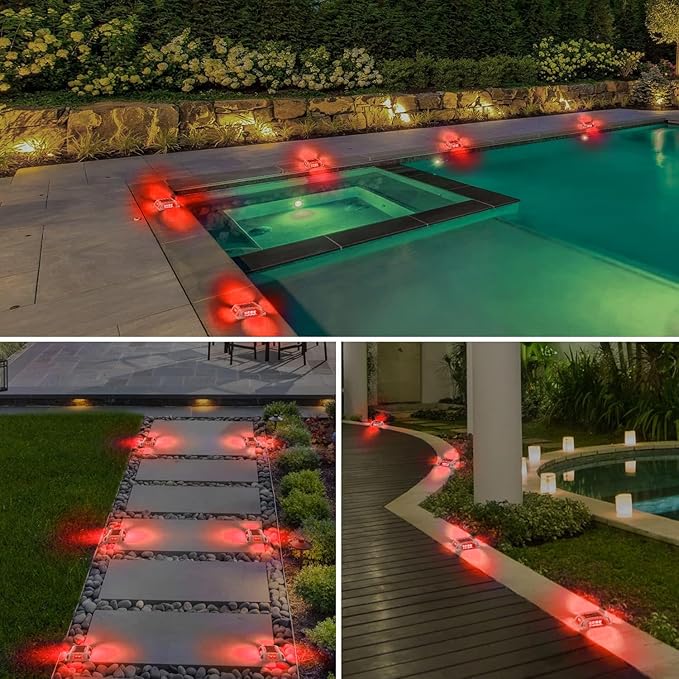 T-SUN Solar Deck Lights Outdoor 12 Pack, Red LED Driveway Deck Light Dock Marine Waterproof Driveway Marker Lights for Step Sidewalk Stair Garden Pathway Walkway Yard