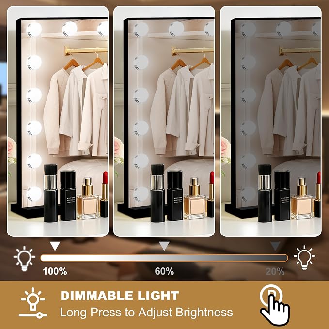 Moonee Vanity Mirror with Lights, Black Hollywood Lighted Makeup Mirror with 17 Dimmable Bulbs and 10X Magnification, 3 Colors Modes, Aluminum Metal Frame, Light Up Mirror for Tabletop/Wall（28" x 20"）