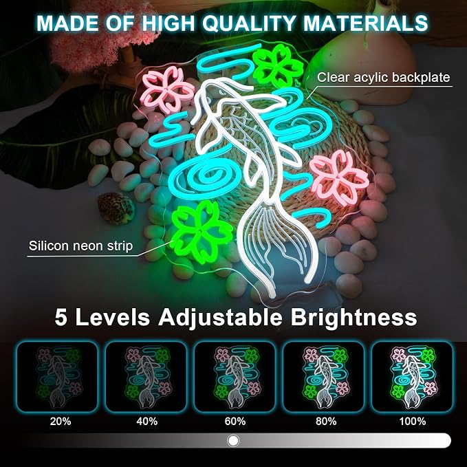 Koi Neon Sign LED Fish Light Up Japanese Decor in Home Bedroom Restaurant Fishes Pond Neon Sign in Koi Fish Decor with Cherry Blossoms LED Japanese Signs Gifts for Teens Sakura Lover