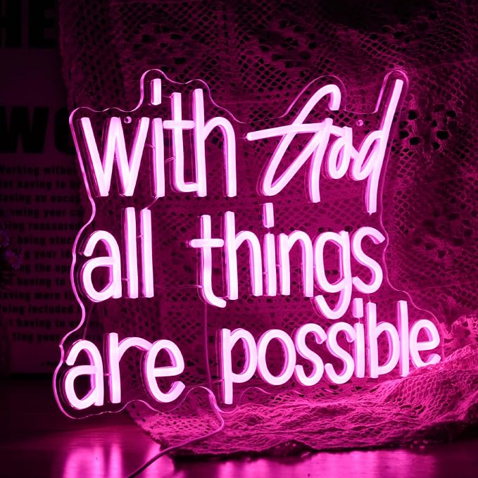 With God All Things Are Possible Neon Sign Beautiful Pink God Led Lights for Wall Decor Dimmable USB Powered Light up Sign 16.9 * 13 Inch Neon Light for Room Party Wedding Church Decor