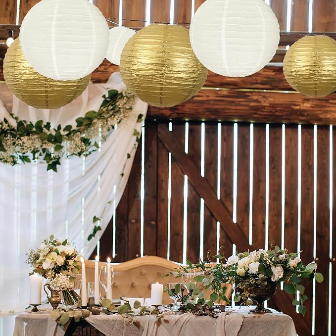 20Pcs Paper Lanterns Decorative, Gold and Ivory 6"8"10" for Home Decor | Round Hanging Paper Lanterns Decorations for Rustic Party Bridal Shower Wedding Engagement Birthday Classroom Ceiling Decor