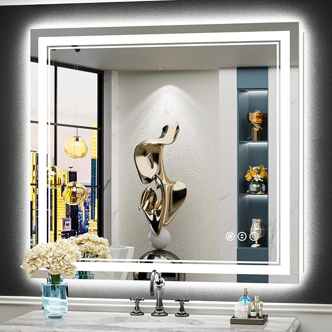 40x38 LED Bathroom Mirror, Backlit & Front Lit Lighted Mirror | Anti-Fog Vanity Mirror with Lights, 3 Color Dimmable, Memory, HD Tempered Glass, CRI95, IP54, UL Listed, Horizontal/Vertical
