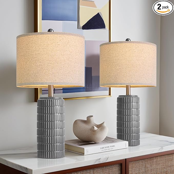 PoKat 23" Ceramic Dark Gray Table Lamps Set of 2 for Living Room, Modern Bedside Lamps for Bedroom, Farmhouse Nightstand Lamp for Home Office Guest Room Sideboard Entryway Decor Gifts