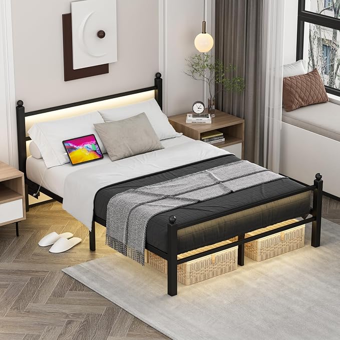 Jenmit Full Size Bed Frame with Charging Station & LED Lights, Metal Platform Bed Frame with Headboard and Footboard, Storage Space Under Bed, No Box Spring Needed, Noise Free, Easy Assembly, Black