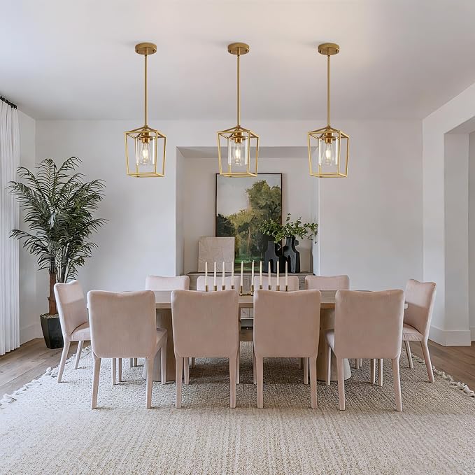 Gold Pendant Lighting for Kitchen Island, 1 Light Modern Cage Kitchen Hanging Pendant Lights with Clear Glass Shade for Kitchen Island, Dining Room, Entryway, Hallway