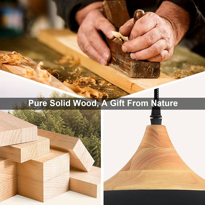 11.8" Industrial Pendant Light, Oak Wood & Metal Drum Shade