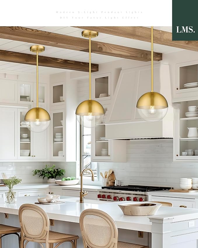Mid Century Pendant Light Fixtures, Brushed Gold Farmhouse Pendant Light with Clear Globe Glass Shade, Adjustable Hanging Rod Ceiling Light for Dining Room Bathroom Kitchen Island, LMS-186BGC