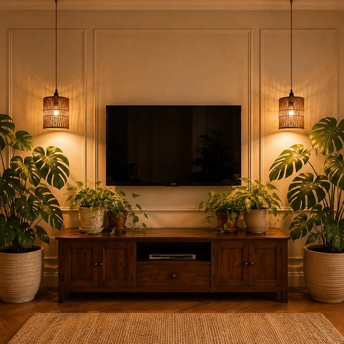 2 Pack Hanging Grow Lights for Indoor Plants Boho Rattan Plant Light | 15FT Power Cord with Timer, 15W Full Spectrum Pendant Plant Lights for Indoor Growing Greenhouse Flowers Home Decor