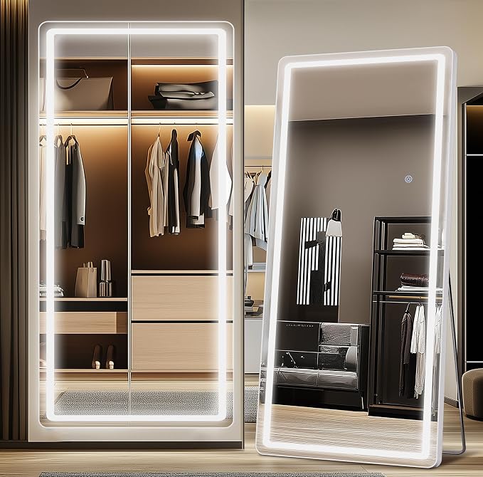Antok LED Full Length Mirror with Light, 76"x34" Lighted Full Body Mirror with Stand, Dimmable & 3 Color Lighting Standing/Leaning/Wall Mounted Vanity Mirror for Bedroom Cloakroom Livingroom(Rect)