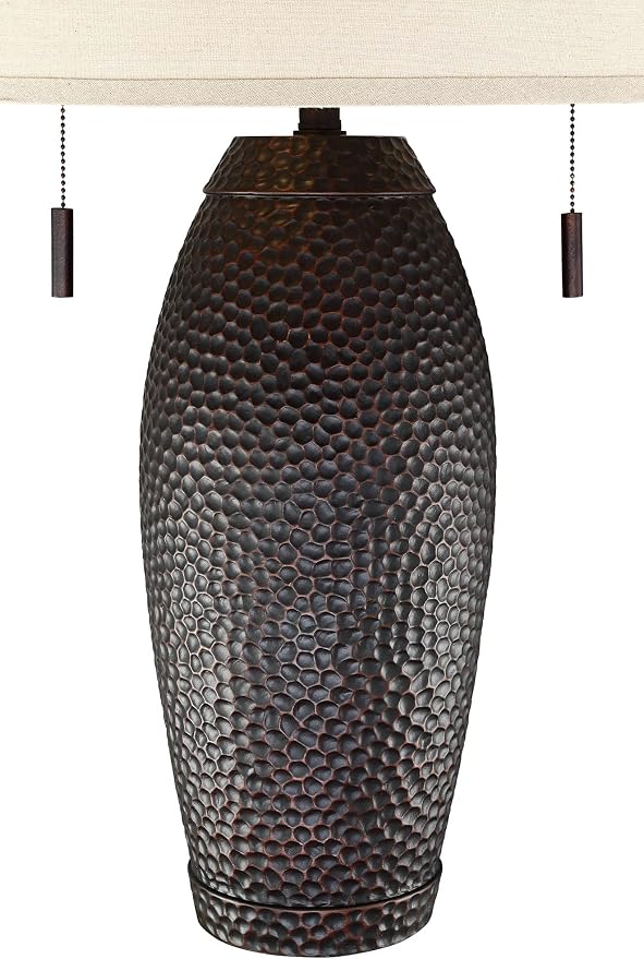 Noah 31" Large Table Lamp Pull-Chain Hammered Bronze Brown Farmhouse | Textured Rustic Bedroom Living Room House Bedside Nightstand Home Office Entryway Family Oatmeal Drum Shade