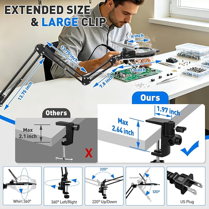 KIRKAS 12X LED Magnifying Lamp with Clamp, 2,200 Lumens Dimmable Bright | 35in Adjust Swivel Arm Magnifying Glass with Light for Repair Reading Craft Needlework Hobby Workbench Magnifier Dust Cover