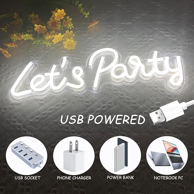 Let's Party Neon Sign, LED Neon Lights for Bedroom Wall Decor, Art Decorative Lights for Bachelorette Party, Engagement Party, Birthday Party, Living Room, Gamer Room Decor Aesthetic (New White)