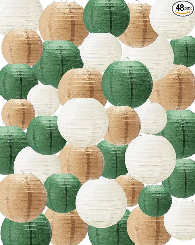 Treela 48 Pcs Paper Lanterns Party Decorations Chinese Round Paper Decor 4/6/8/10 Inch Asian Hanging Lamps Decorative for Birthday Party Wedding Bridal New Year Supplies(Dark Green)