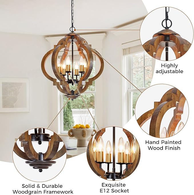 6-Light Farmhouse Chandelier, Rustic Wood Dining Room Light Fixture with Dark Brown Wood & Gold Metal, Easy to Install for Kitchen, Entryway, Bedroom, Living Room