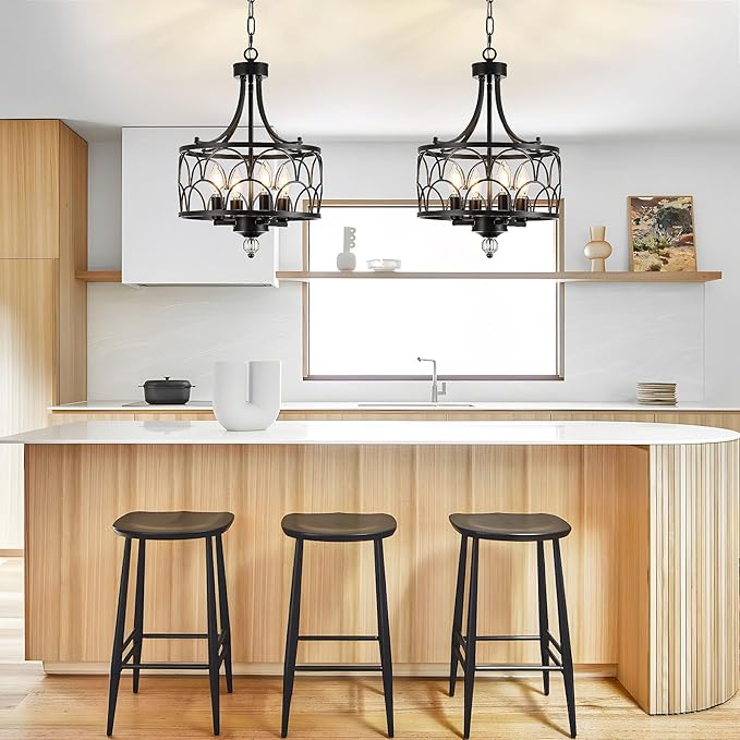 4 Light Chandelier, Black Farmhouse Light Chandelier Fixture, Industrial Adjustable Ceiling Lighting E12 Base for Kitchen Island, Bedroom, Entrance, Dining Room, Indoor