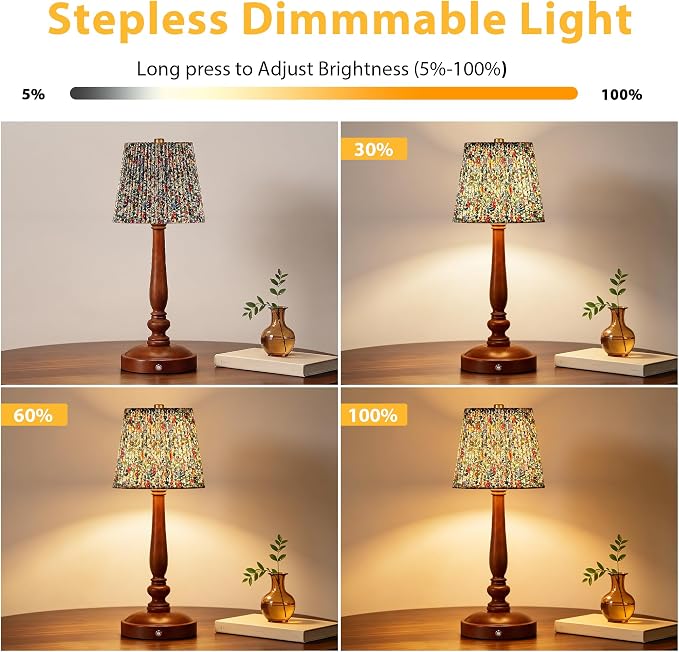 15.5'' Wireless Table Lamp, 5400mAh Rechargeable Small Bedside Touch Lamp | Wood Base, Fabric Lampshade, Built-in LED, 3 CCT, Stepless Dimming, Memory Function, Nightstand Lamp for Bedroom, Living Room
