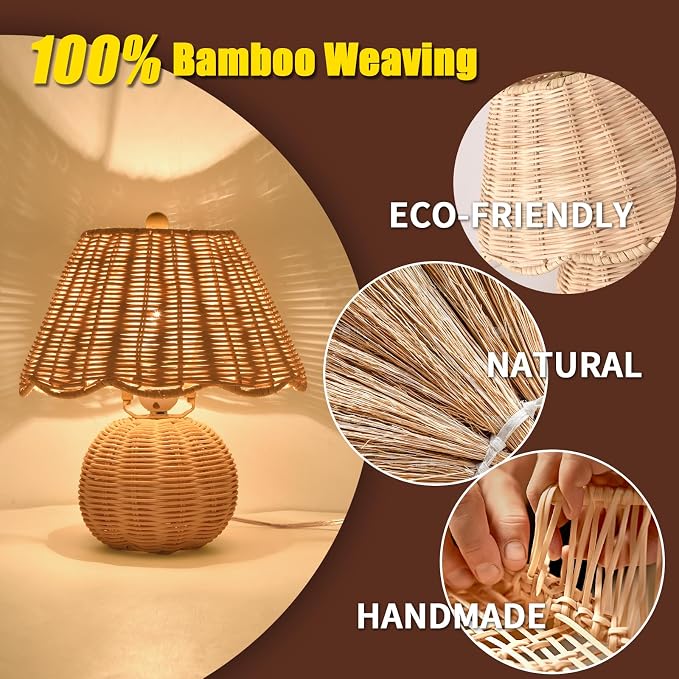 Rattan Small Bedside Mini Table Lamp for Bedroom,Boho Bedroom Lamps for Nightstand, Wicker Mini Table Lamps for Small Spaces with Scalloped Shade for Kitchen Counter, Bookshelf, Kids Dorm, Office