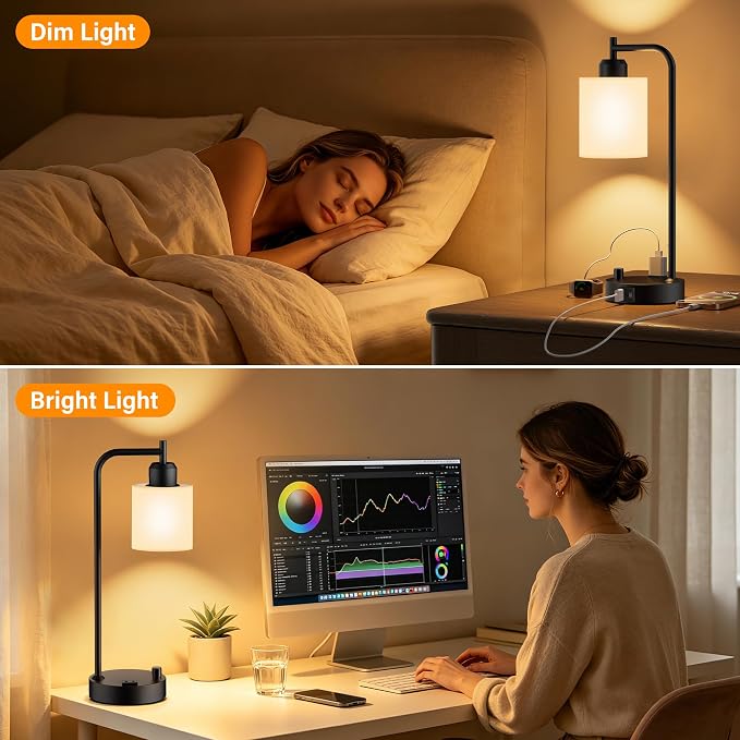 Industrial Table Lamps with Linen Shade, Set of 2 Fully Dimmable Bedside Lamps with USB A+C Ports and Outlet, Black Nightstand Desk Lamps for Bedrooms Living Room Office, 2 LED Bulbs Included