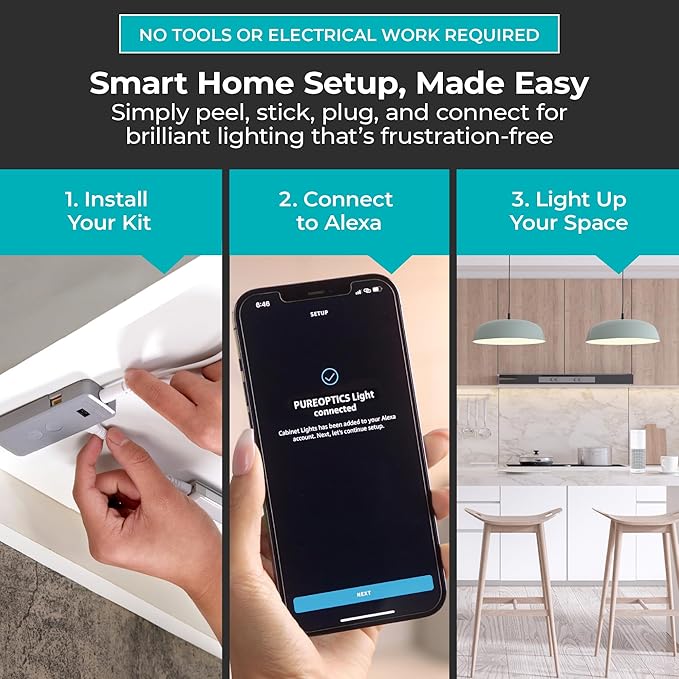 PureOptics LED Works with Alexa Smart LED Under Cabinet Lighting Kit, Motion Sensor, Dimmable, 3 Color Settings, For Kitchen, Cabinets and Closets, (4) 9" Bars, White, A Device
