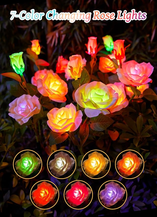 Brightown Solar Garden Lights, 4 Pack 7-Color Changing Rose Flower Lights | Larger & Realistic Rose, Bigger Solar Panel, Waterproof LED Solar Lights Outdoor for Yard Garden Lawn Pathway Decorations