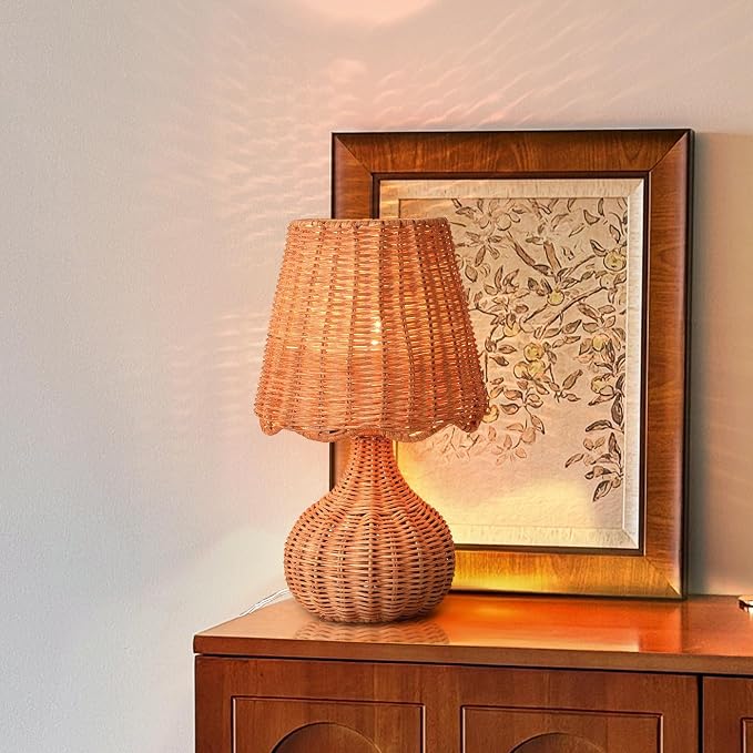 Ziqqeelam Rattan Table Lamp for Bedroom, Boho Small Table Lamps for Bedside, Farmhouse Mini Small Table Lamps for Small Spaces for Kitchen Counter, Bookshelf, Nightstand, Bedroom, Kids Dorm