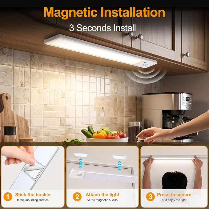 Zhuanxu 12inch Under Cabinet Lighting Wireless, Closet Light, Rechargeable LED Motion Sensor Indoor, 3 Color Temps&4 Modes Kitchen Light, Long Lasting, Stick-On Magnetic Led Lights for Bedrooms, 2PC