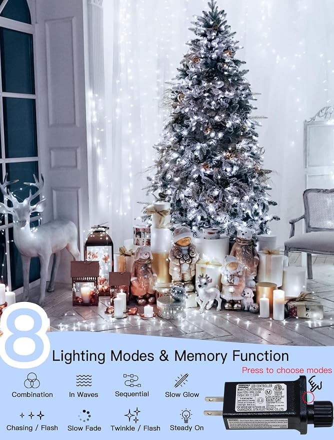 33FT 100 LED Cool White Christmas Fairy Twinkle String Lights Indoor | 8 Modes with Memory, Connectable, IP65 Waterproof, Transparent Wire, Up to 5 Sets, Widely use for Classroom, Bedroom, dorm