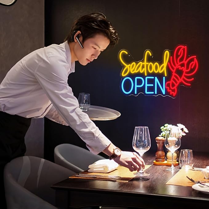 Seafood Open Neon Sign for Business Decor Delicious Lobster Led Neon Light Dimmable Fish Food Light Up Sign for Seafood Restaurant Shop Night Market Fish Market Oyster Bars