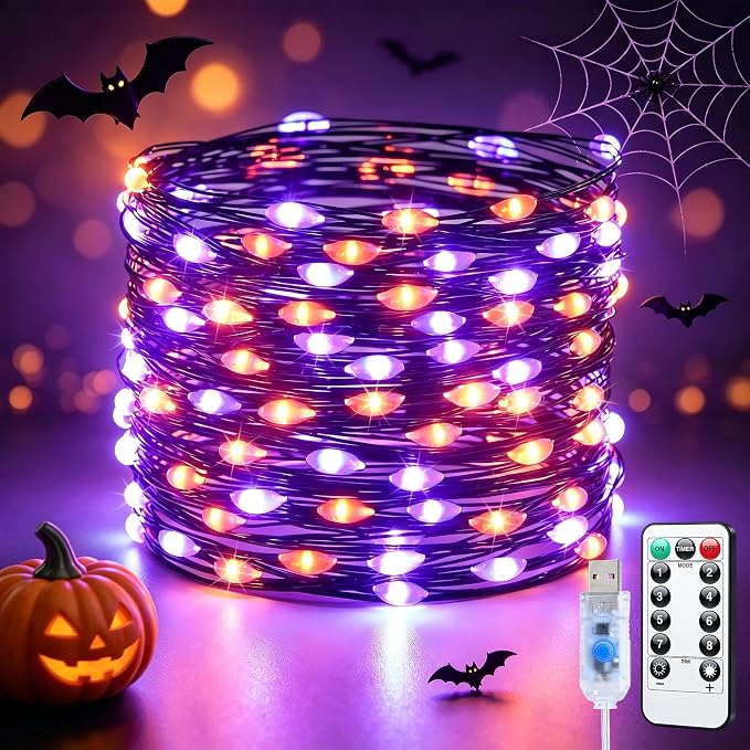 JMEXSUSS 100 LED Orange and Purple Fairy Halloween Lights USB Powered | 8 Modes Timer Plug in Indoor Outdoor Remote Control for Fireplace Room Tree Car Roof Patio Party Halloween Decorations