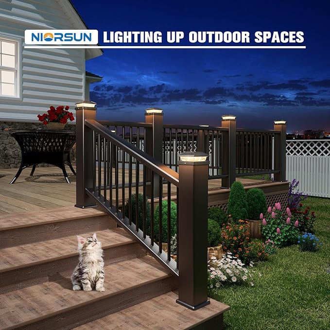 NIORSUN Solar Post Lights Outdoor, Fence Post Solar Lights Warm White, Waterproof, Garden Patio Fence Deck Decor, 4x4 Posts Cap Wood Vinyl, Black 6 Pack
