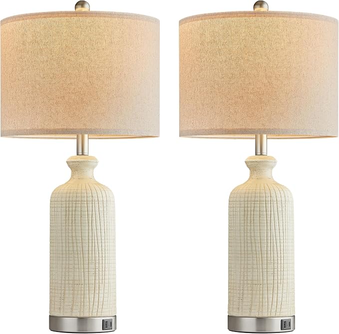 Living Room Lamps Set of 2, 27" Touch Lamps for Nightstand with USB A+C Ports, Modern Farmhouse Table Lamps for Bedroom, Beige