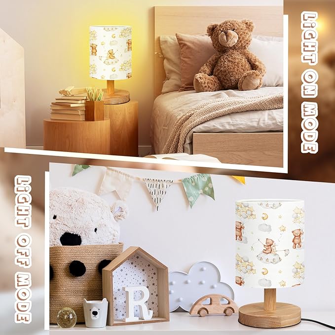 Bear Kids Table Lamp for Bedroom Kids Bedside Lamp with Linen Wooden Nightstand Cartoon Nursery Lampshade for Girls Boys Living Room
