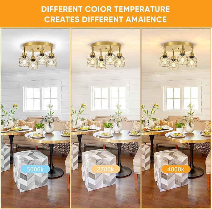 Baocuz 4-Light Brushed Gold Kitchen Light Fixtures Ceiling Mount, Adjustable Flush Mount Ceiling Light, Farmhouse Close to Multi-Directional Lamp for Kitchen, Hallway, Dining Room