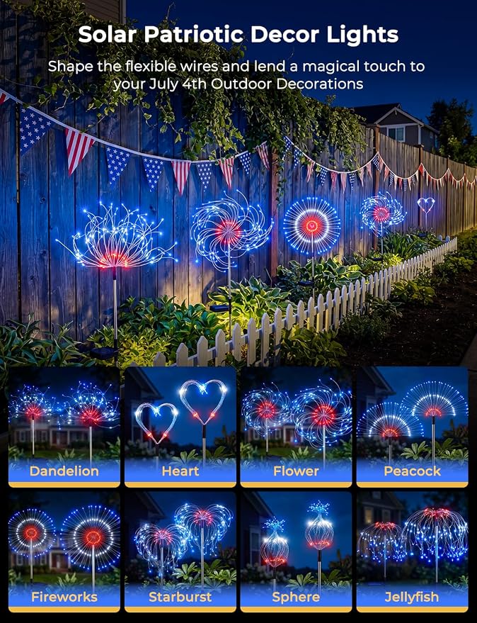 Red White Blue Solar Lights Outdoor, 4th of July Decorations, 2 Pack 150LED Solar Firework Patriotic Decor, Fourth of July Fairy Lights with 8 Modes for Yard Garden Pathway Patio Independence Day | 8 Modes, Solar Firework Patriotic Decor, Fourth of Jul...