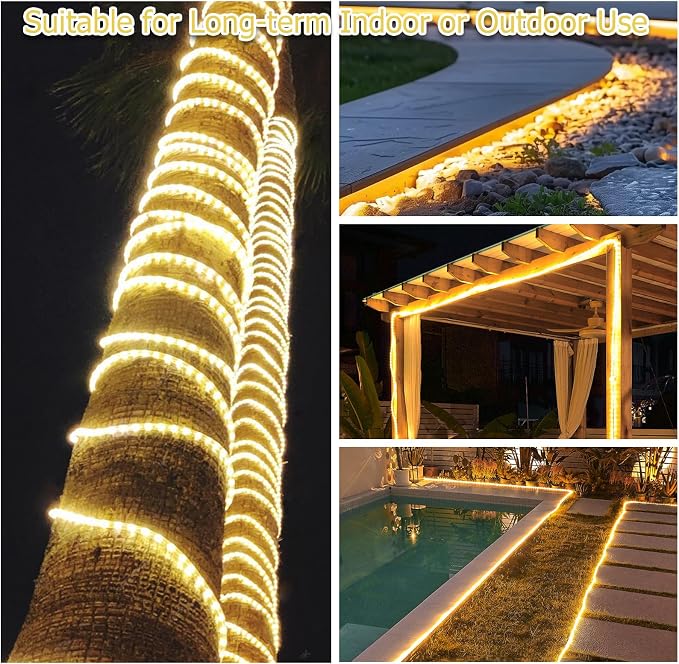 Vigdur LED Rope Lights Outdoor, 18FT 216 LEDs Warm White Rope Lights | Connectable And Flexible Clear Tube, IP65 Waterproof, Christmas Rope Lights for Patios Gardens Parties And Christmas Décor