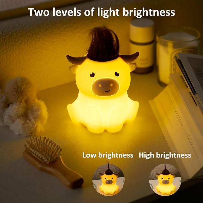 Led Cute Highland Cow Night Light, Dimmable Timer Nursery Kawaii Lamps, Super Squishy Silicone USB Rechargeable Touch Control Night Lamp, Used for Camping Party Room Decor (Highland Cow)